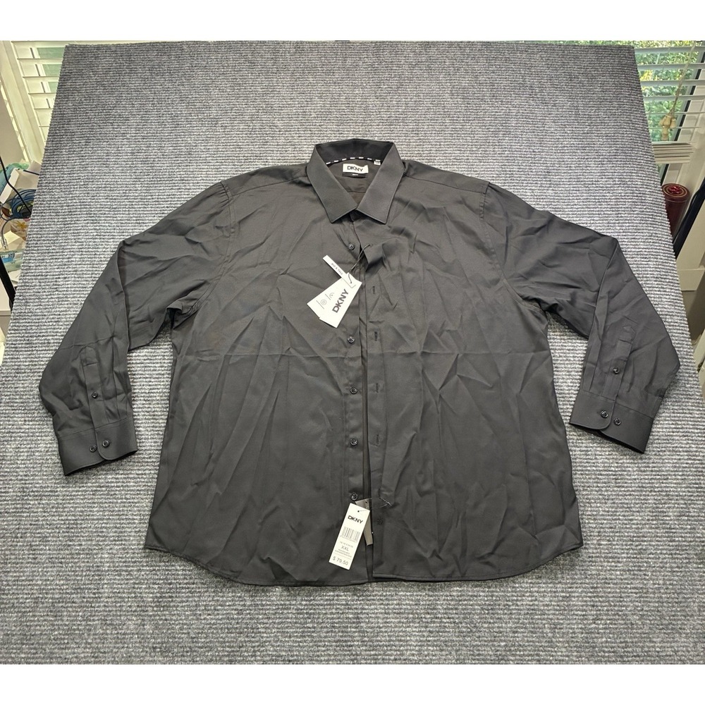 DKNY Men's Button Down Dress Shirt Slim Fit Classic Black 18-18.5 Neck XXL 34/35